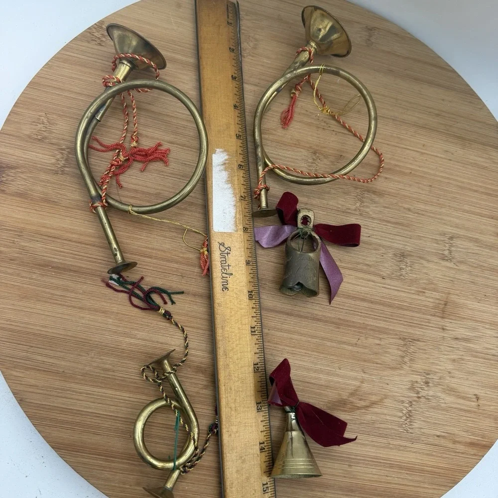 Brass French Horns Christmas Tree‎ (3) or Wreath Ornament And Brass Bells (2)